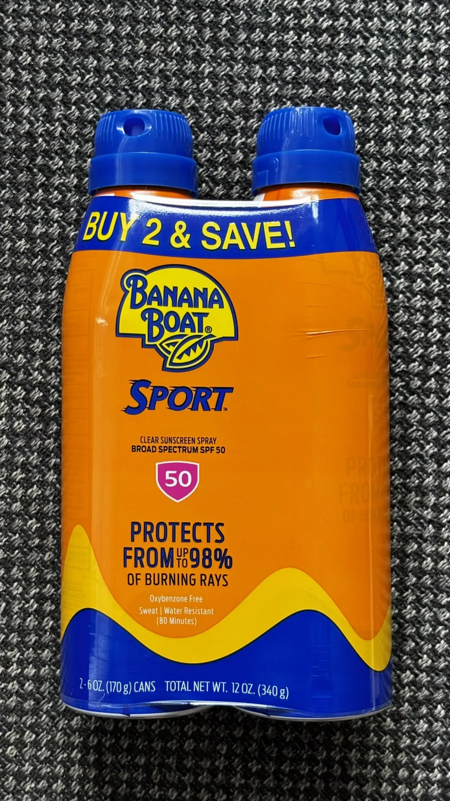 Banana Boat Sport SPF 50 clear sunscreen spray twin pack, front of cans