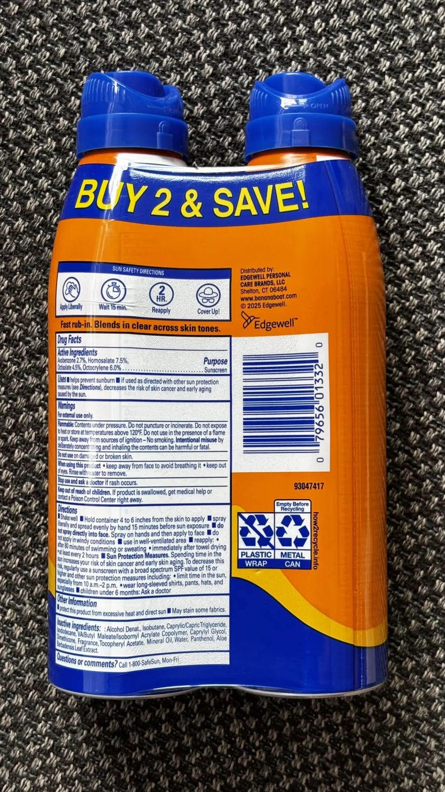 Banana Boat Sport SPF 50 sunscreen spray, back of pack with directions