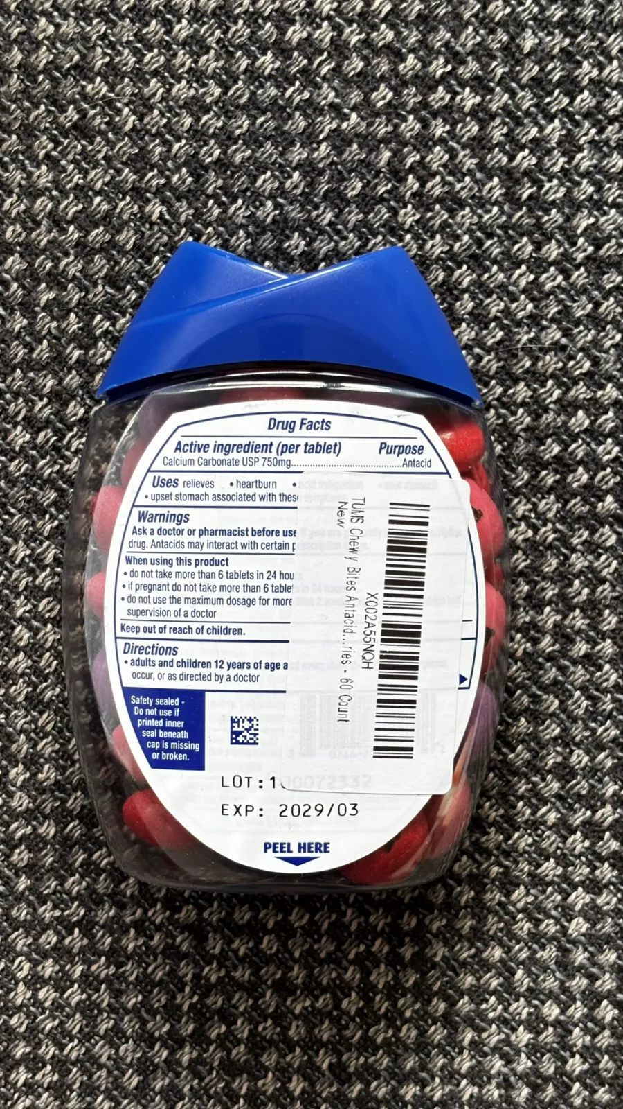 TUMS Chewy Bites tub, back of pack with drug facts and expiry date